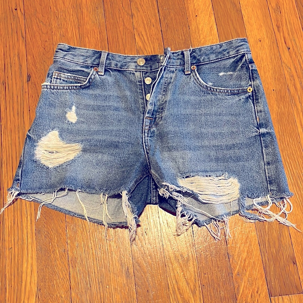 Topshop Moto Ashley Ripped Boyfriend Denim Shorts in Blue Women's Size 4